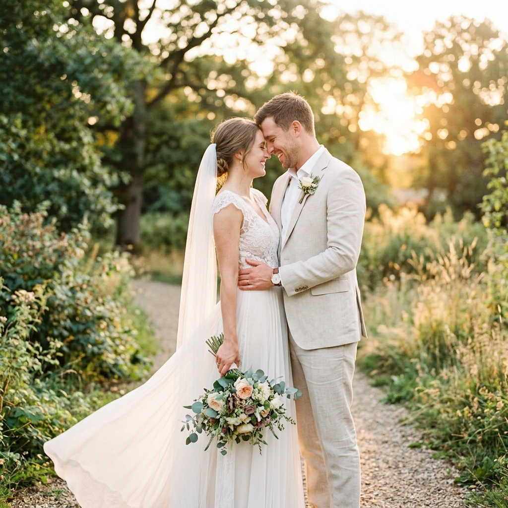 Couple de mariés partageant un moment intime au coucher du soleil