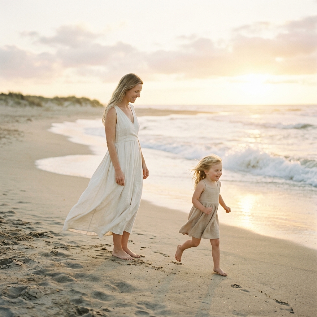 Mère et enfant sur une plage au coucher du soleil
